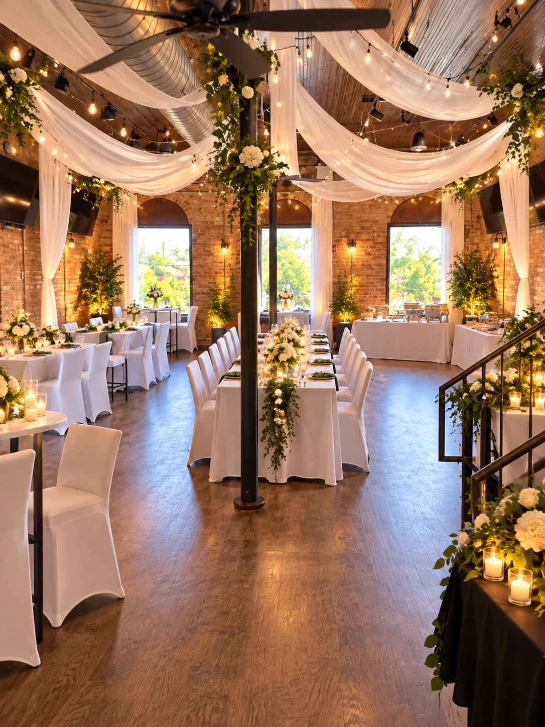 Long tables with white linens, flowers, and candles beneath draped wood ceilings